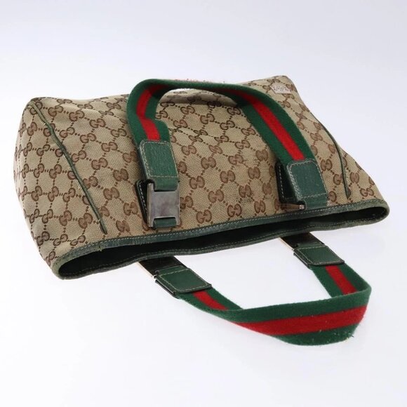 GUCCI GG Canvas Web Sherry Line Tote Bag Beige Green Red Auth - Picture 7 of 16